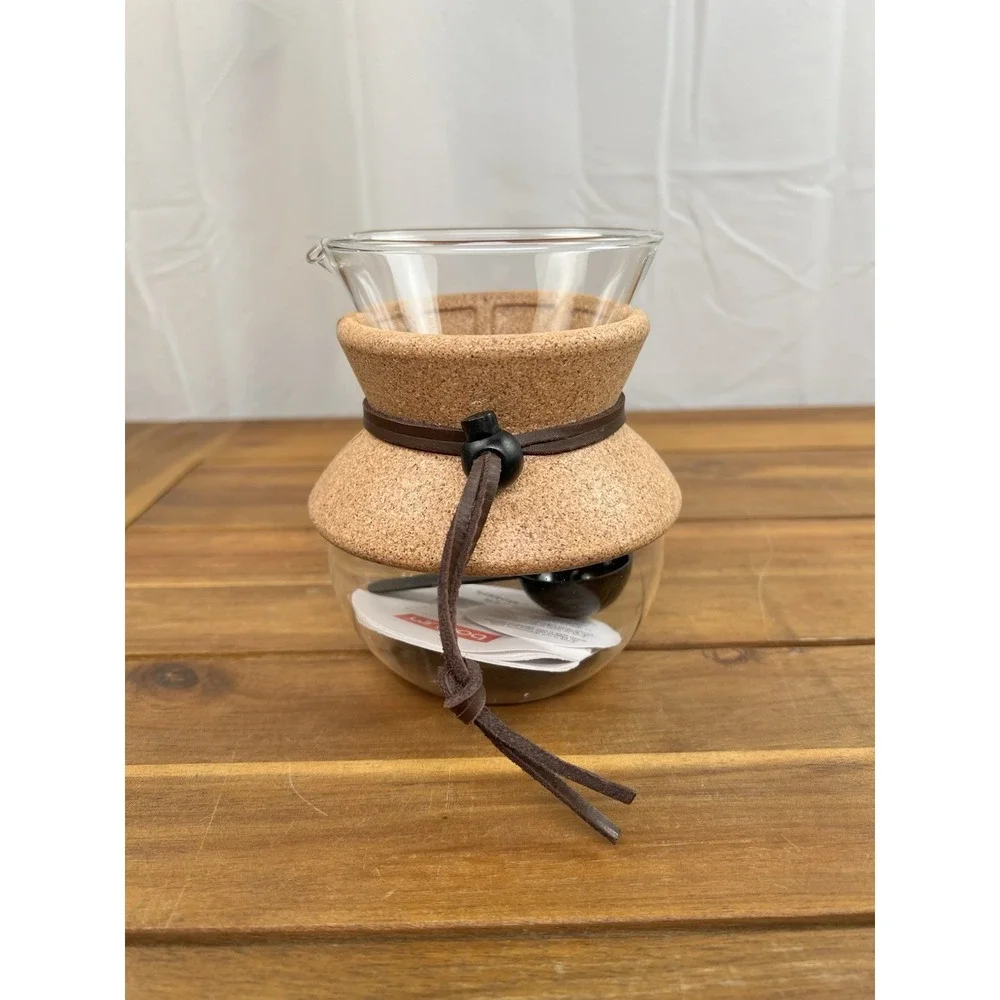 BODUM Pour Over Coffee Maker w Cork Sleeve & Leather Tie NWOB Mini 6